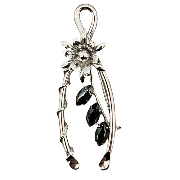 Silver Tone Flower Ribbon and Marquise-cut Black Rhinestone Brooch/Pin - Picture 2 of 5